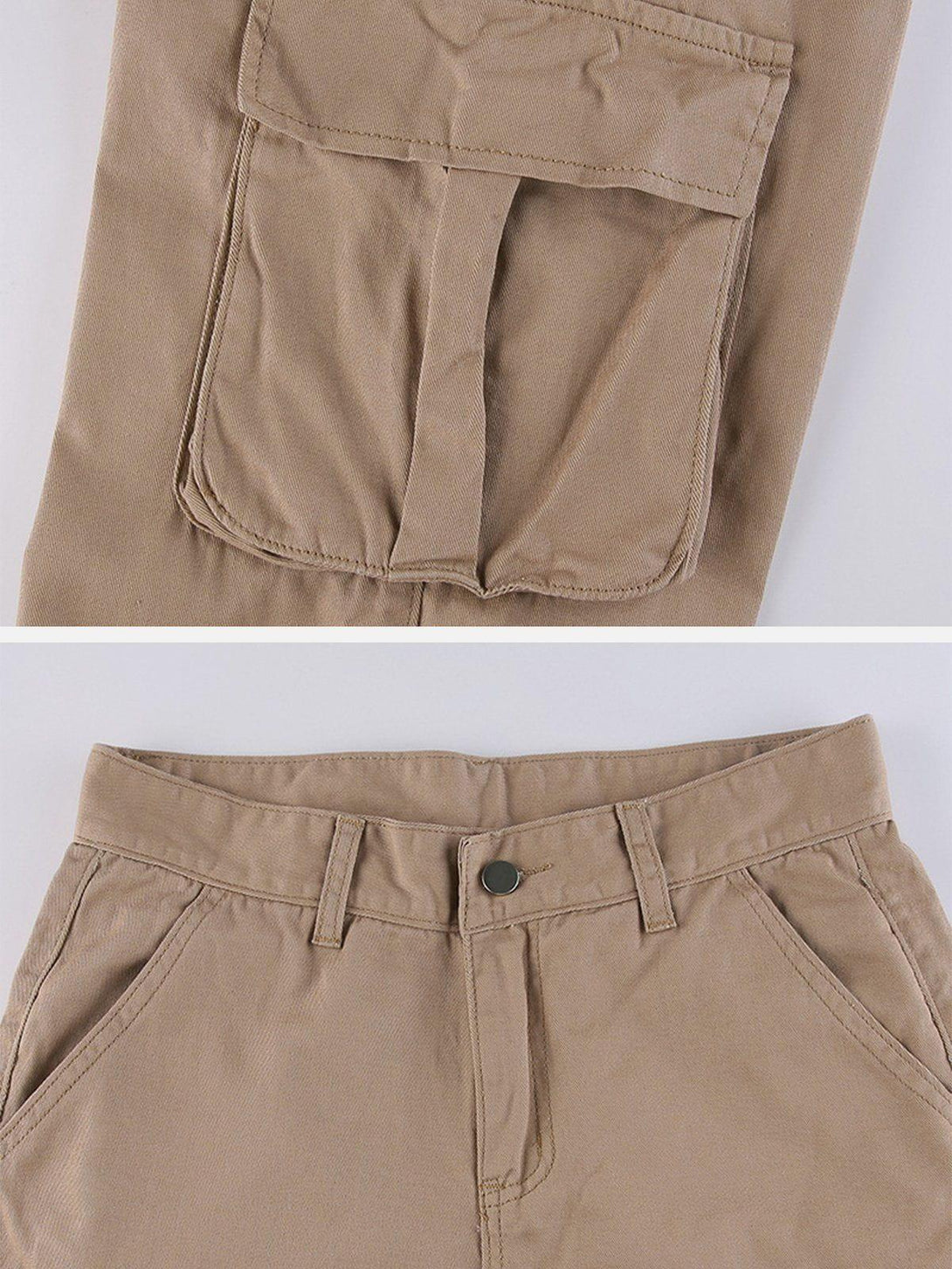 Detailed view of khaki cargo pants by TALISHKO, highlighting pocket design and stitching.