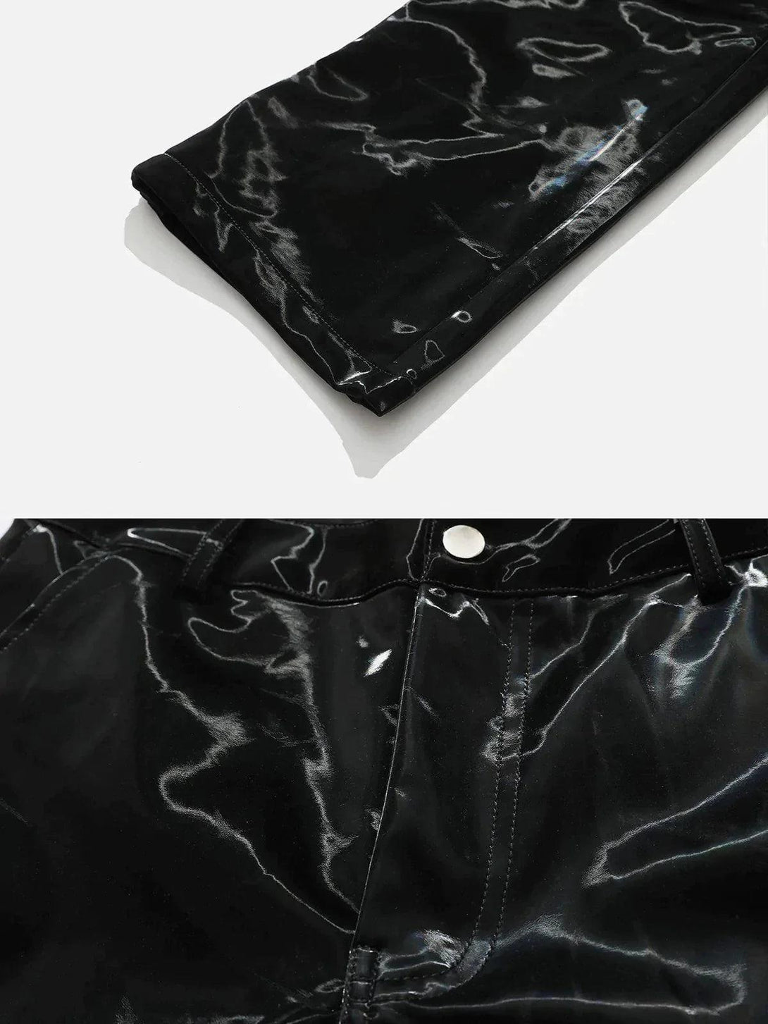 A detailed view of TALISHKO's black loose-fit pants, highlighting the glossy texture and sleek design.