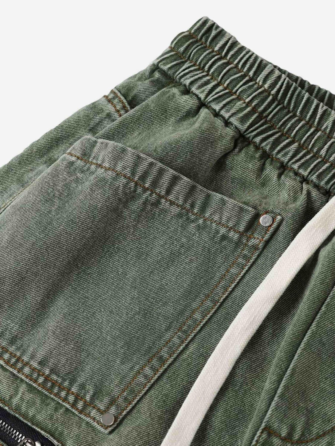 A detailed view of TALISHKO's loose straight casual work pants highlighting the pocket and elastic waist.