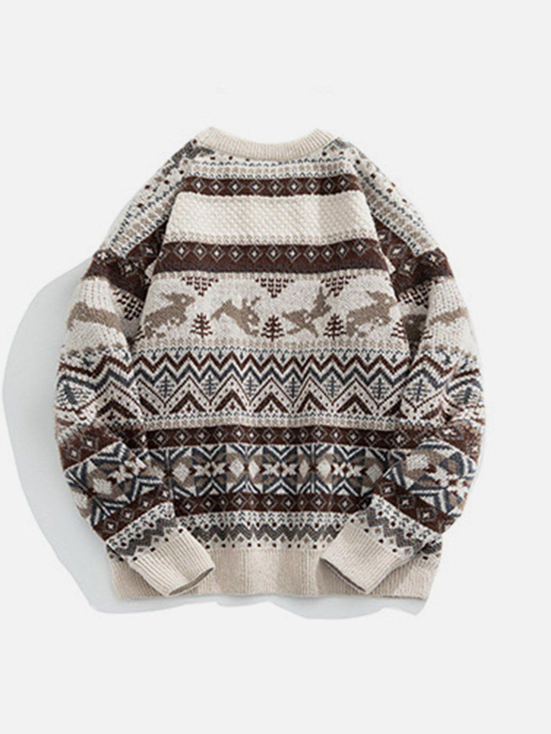 Back view of a TALISHKO loose vintage sweater, featuring intricate beige and brown patterns.