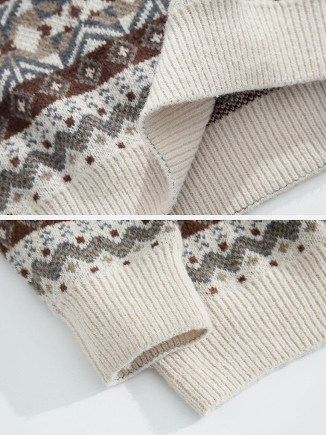 Intricate texture and pattern showcased on a TALISHKO loose vintage sweater, highlighting details.