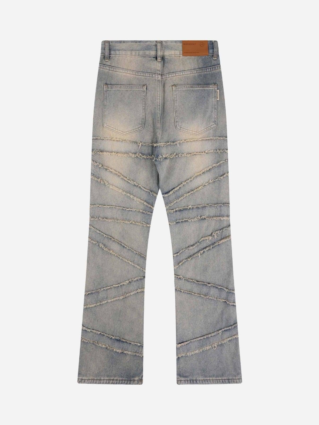 Back view of TALISHKO loose wide-leg jeans showcasing frayed diagonal patterns for a bold style.