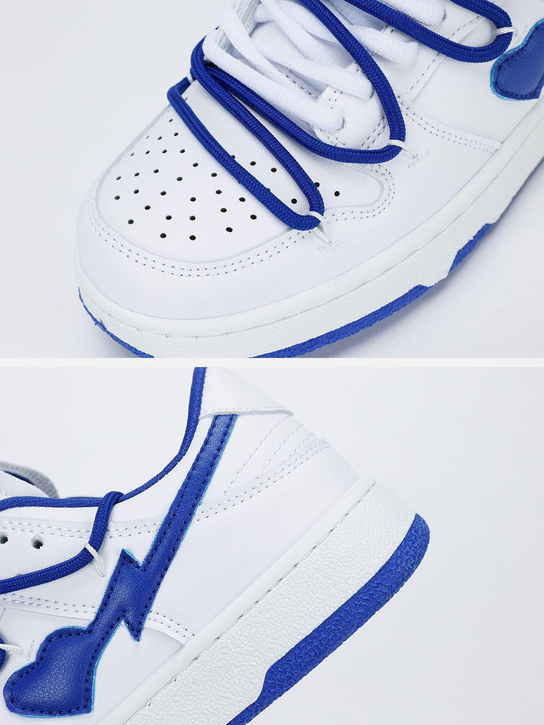TALISHKO skate shoes feature blue lightning bolt detail and white leather, perfect for casual outfits.