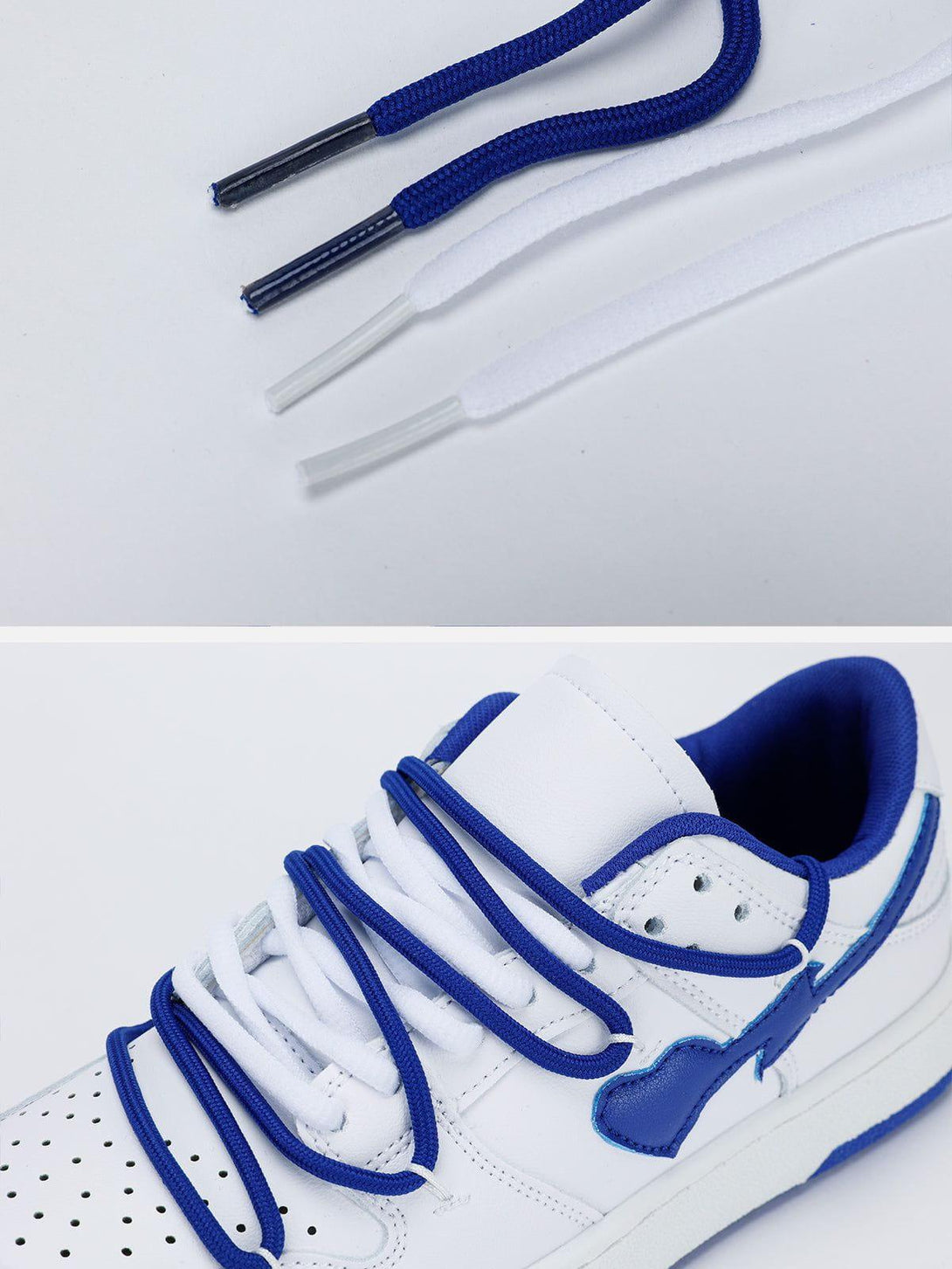 Blue and white laces for TALISHKO skate shoes, showcasing versatile styling options.