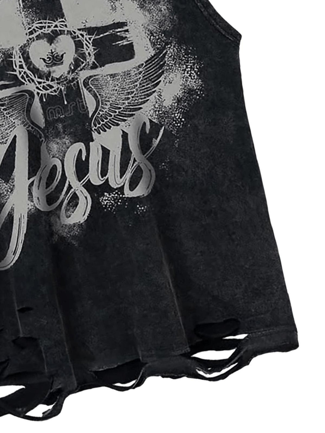 TALISHKO sleeveless vest showcases a bold "Jesus" design with distressed hem and cross graphic.