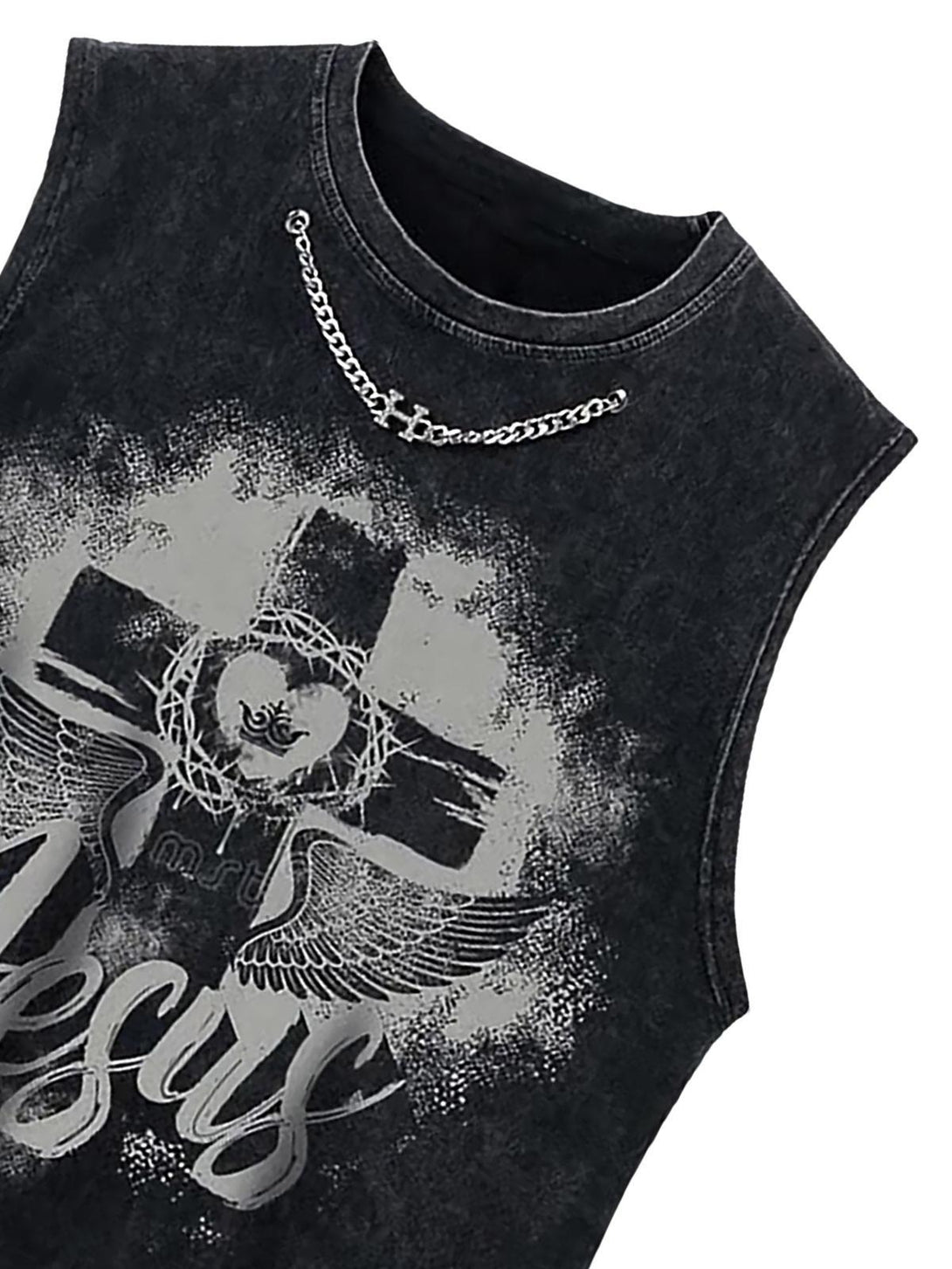Detailed look at TALISHKO sleeveless vest with cross and wings design, featuring a chain accent.