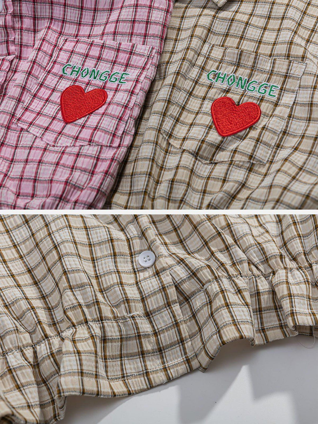 TALISHKO plaid tees with heart embroidery, featuring close-up details of pockets and fabric texture.