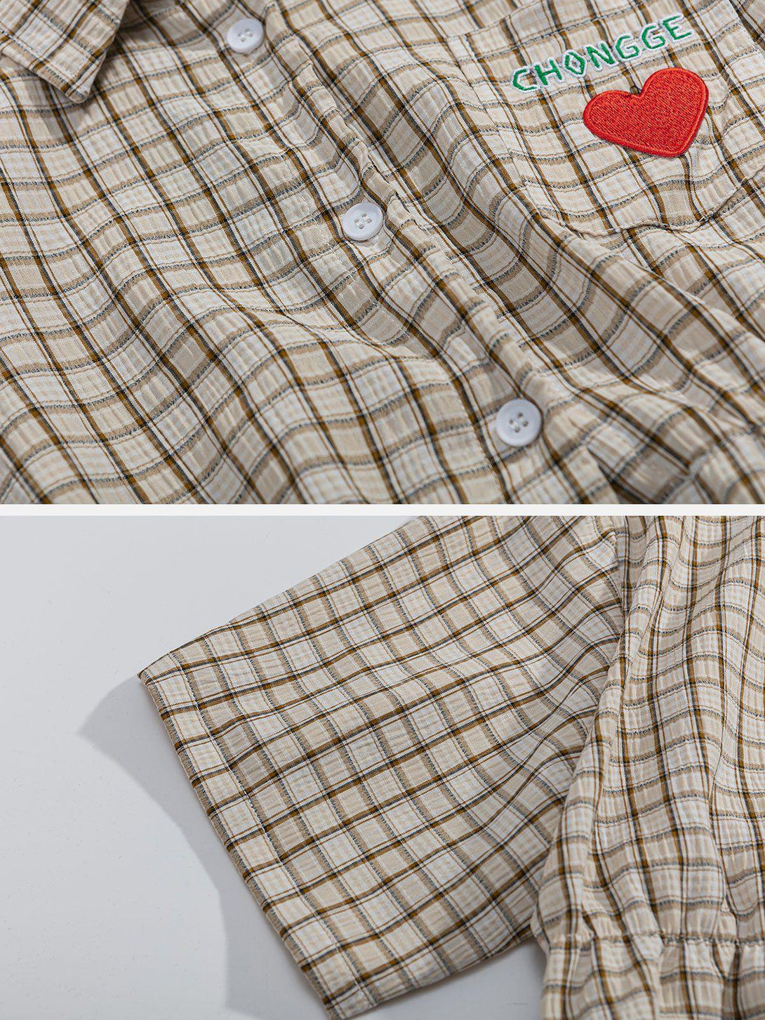 Intricate look at TALISHKO plaid tee fabric with heart embroidery, highlighting casual charm.