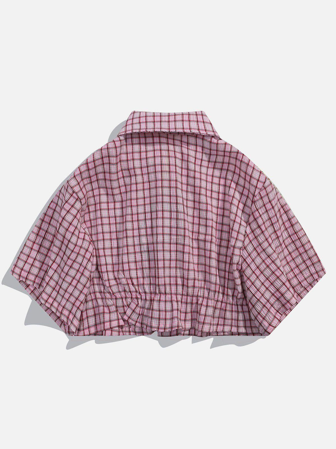 Back view of TALISHKO pink plaid tee, highlighting a casual and airy design.