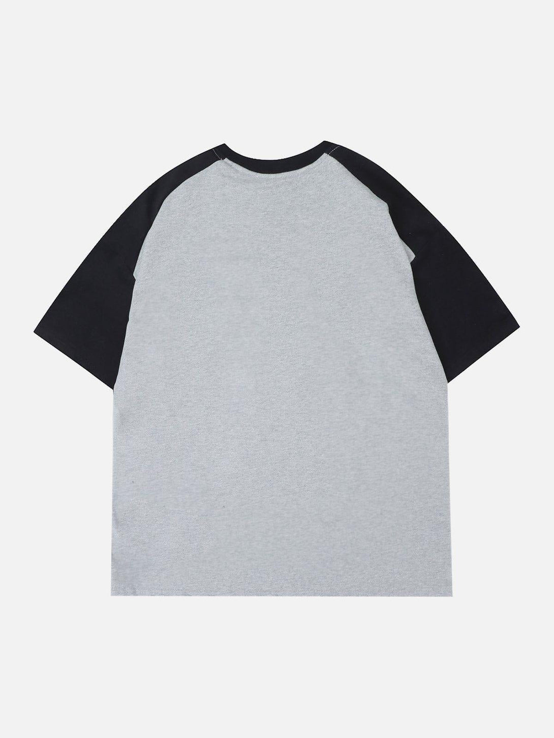 Back view of TALISHKO's gray and black patchwork tee, highlighting a casual summer vibe.