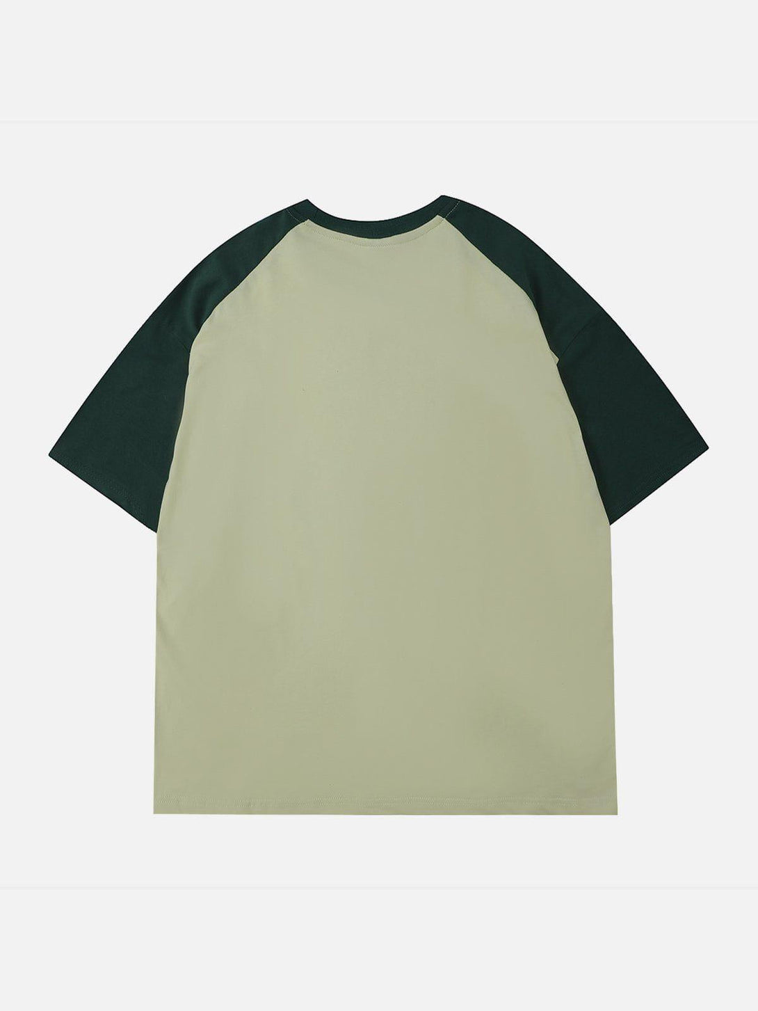 Back view of TALISHKO's patchwork tee in green tones, showcasing a relaxed summer style.