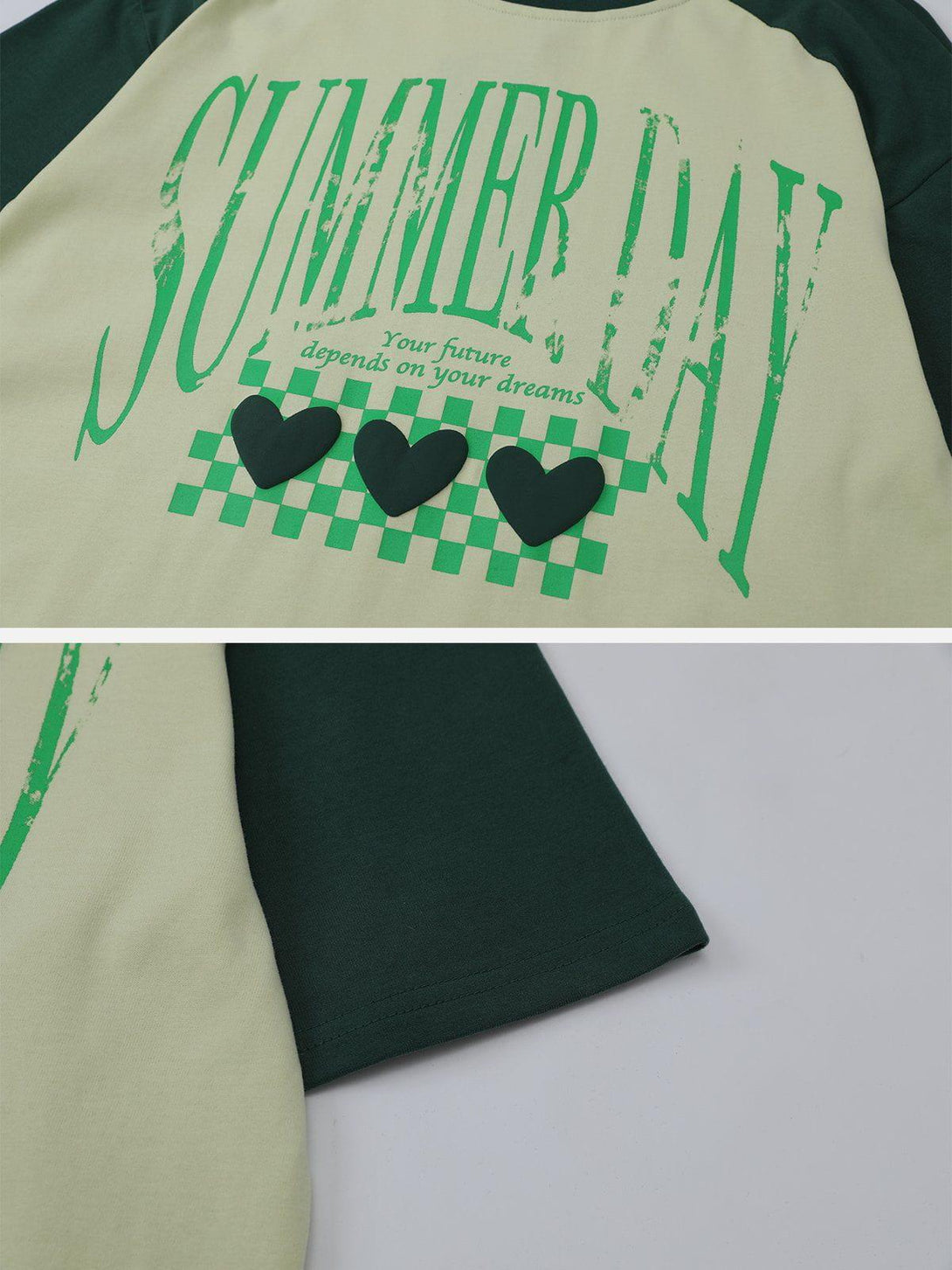 A close-up of TALISHKO's tee, featuring green "Summer Day" print and heart accents.
