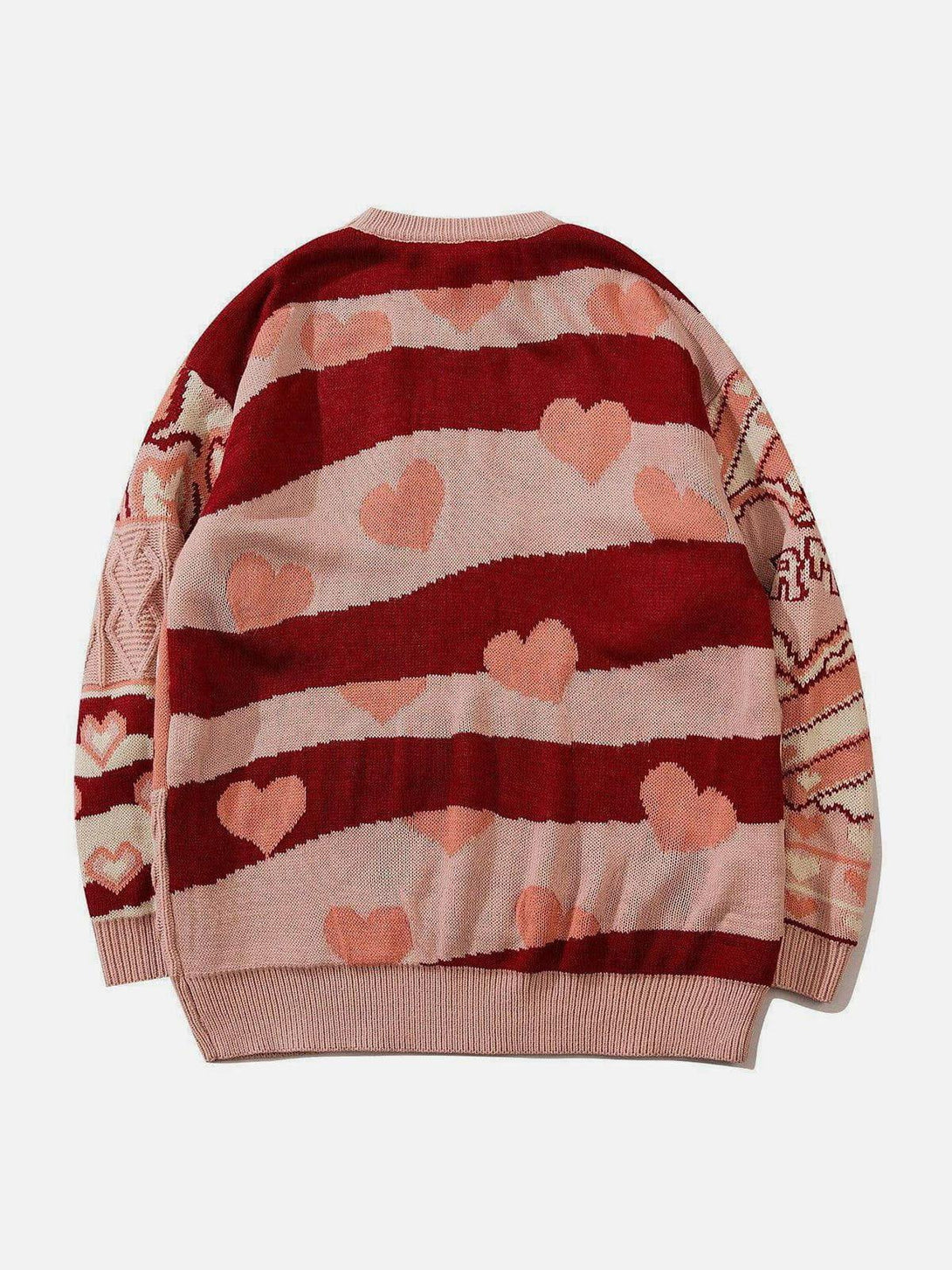 Back view of a heart-patterned knit sweater by TALISHKO, featuring warm pink and red tones.
