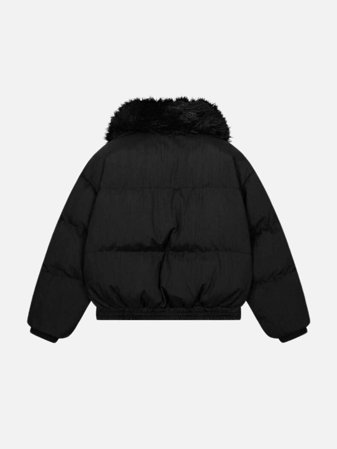 Back view of a black puffer coat with a luxe collar by TALISHKO, showcasing chic winter fashion.