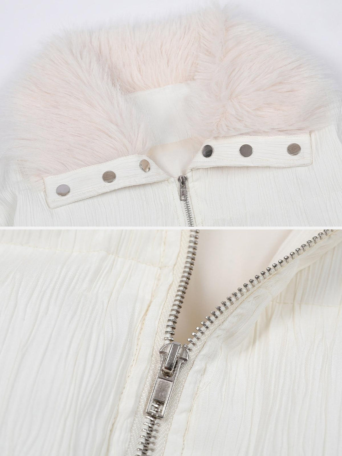 Detailed view of TALISHKO puffer coat's luxe collar and zipper, highlighting texture and style.