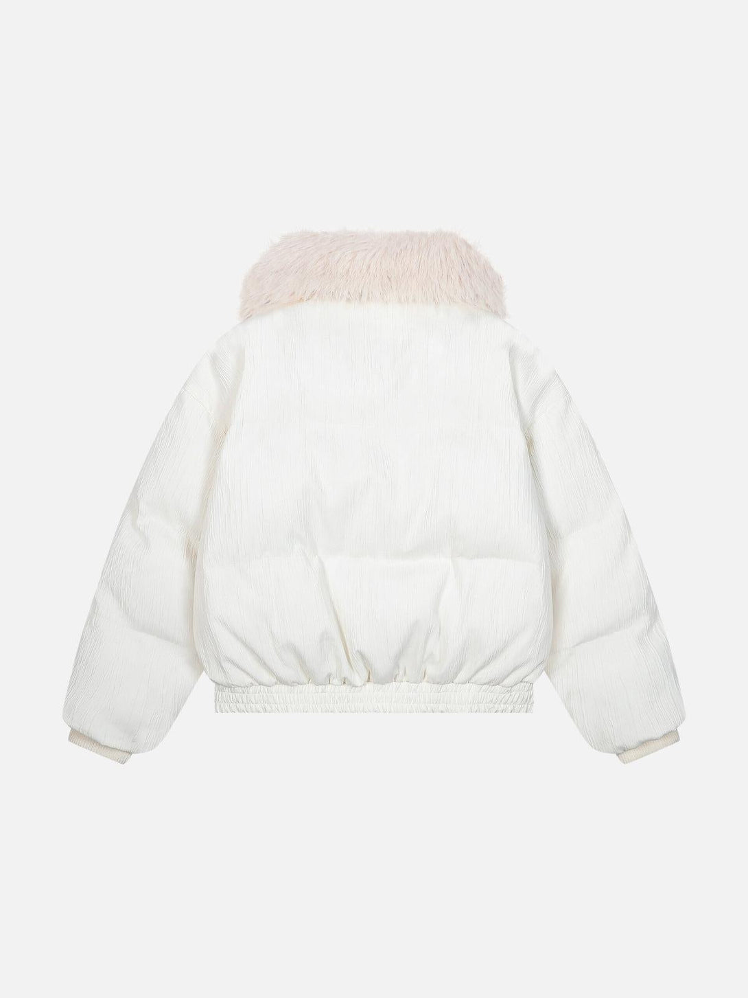 Back view of a white puffer coat with a luxurious collar by TALISHKO, highlighting cozy style.