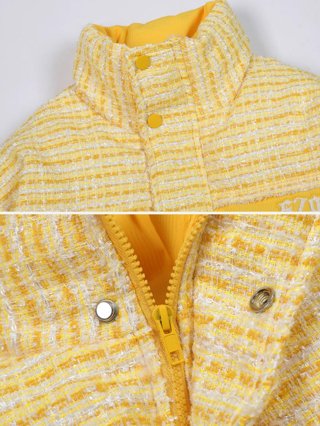 Detailed fabric and stitching of a yellow quilted lapel coat by TALISHKO, showcasing texture.