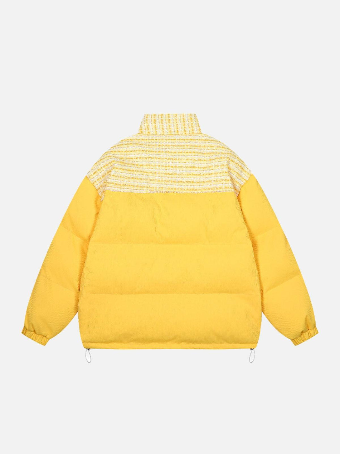 Back view of a yellow quilted lapel coat by TALISHKO, featuring a unique textured design.