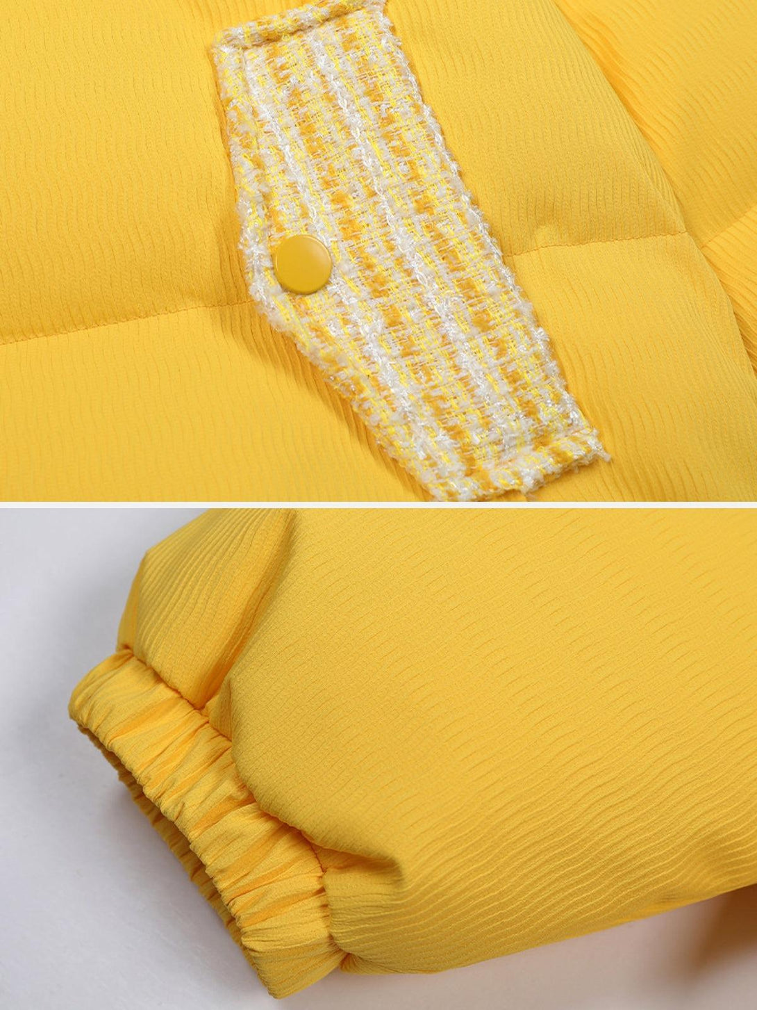 Focusing on the textured pocket and sleeve of a yellow quilted lapel coat by TALISHKO.