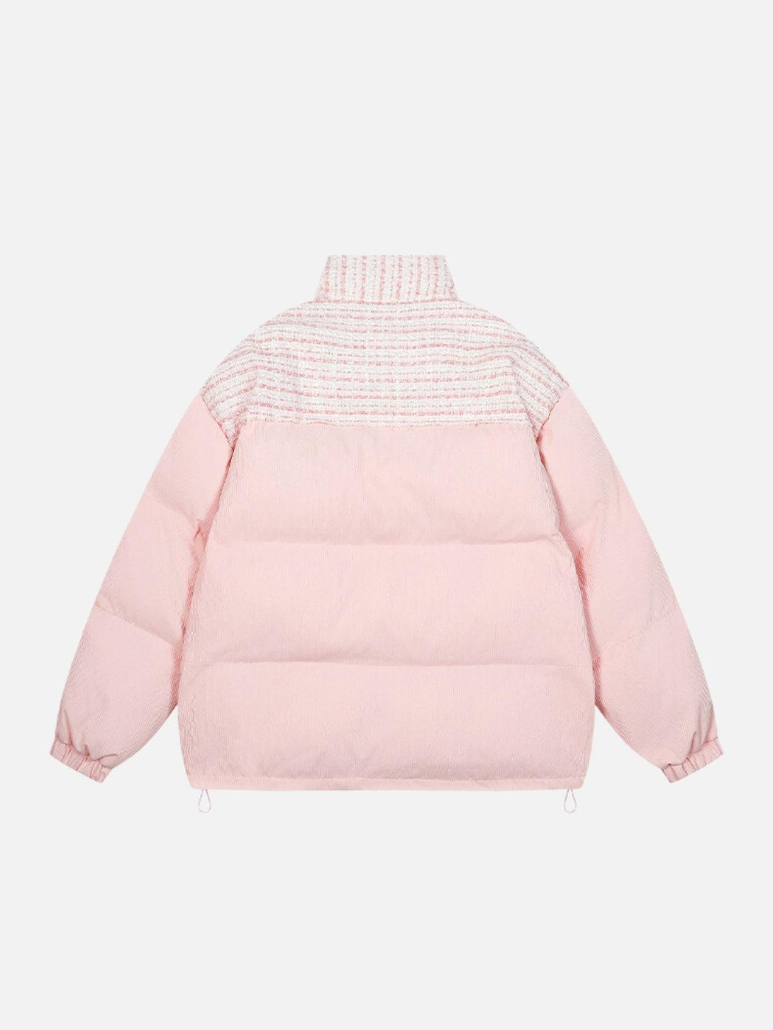 Back view of a pink quilted lapel coat by TALISHKO, showcasing its cozy and chic design.