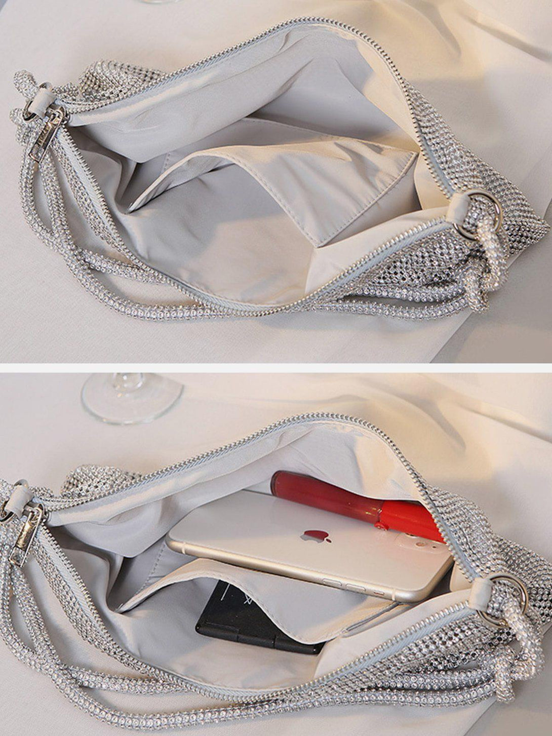 Inside view of TALISHKO luxury diamond bag, showcasing spacious interior with elegant design.