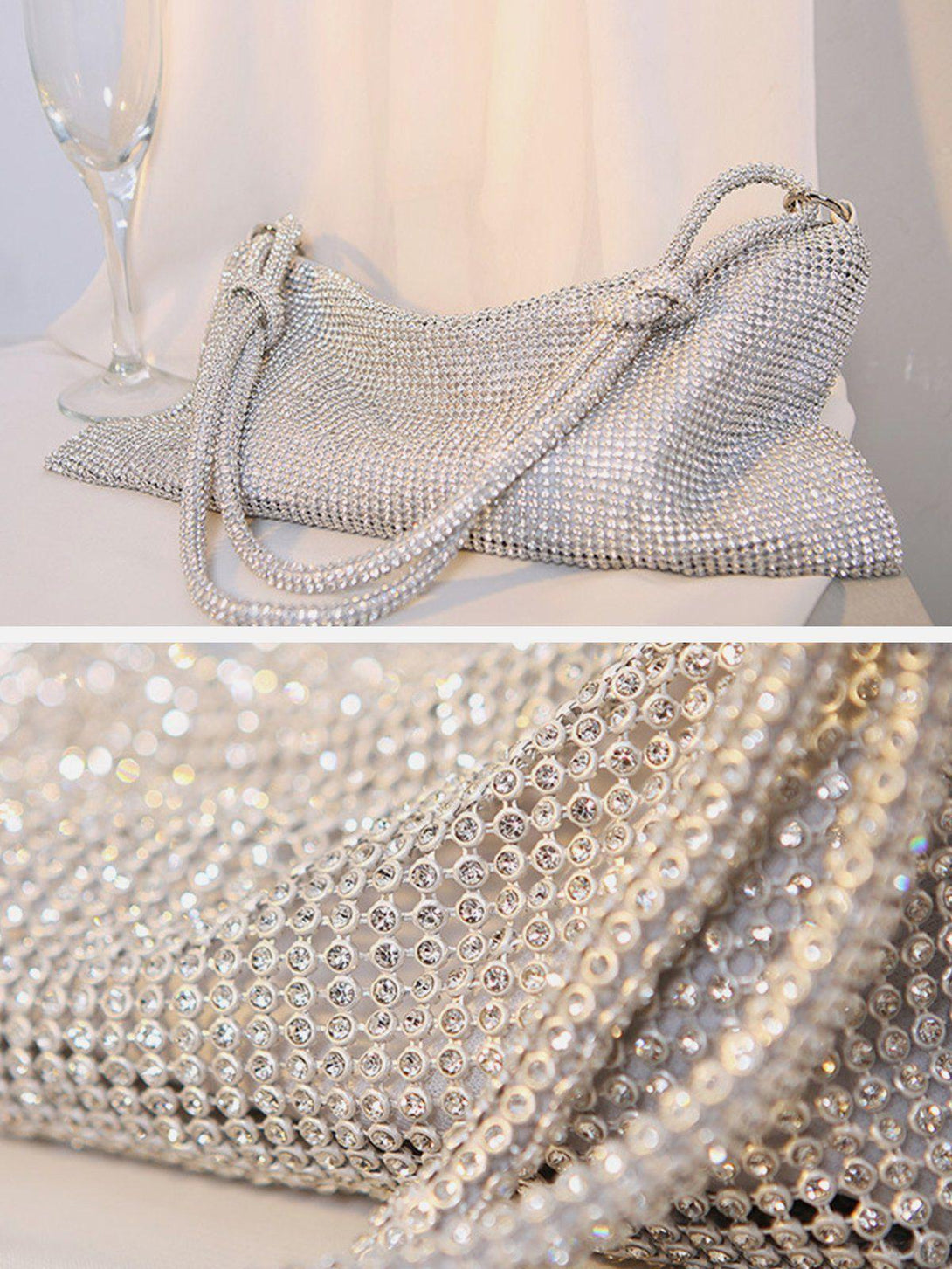 TALISHKO's luxury diamond bag elegantly draped, showcasing intricate sparkling details.