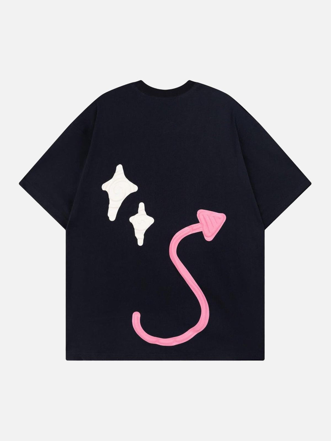 Back view of TALISHKO T-shirt featuring abstract pink and white graphics on dark fabric.