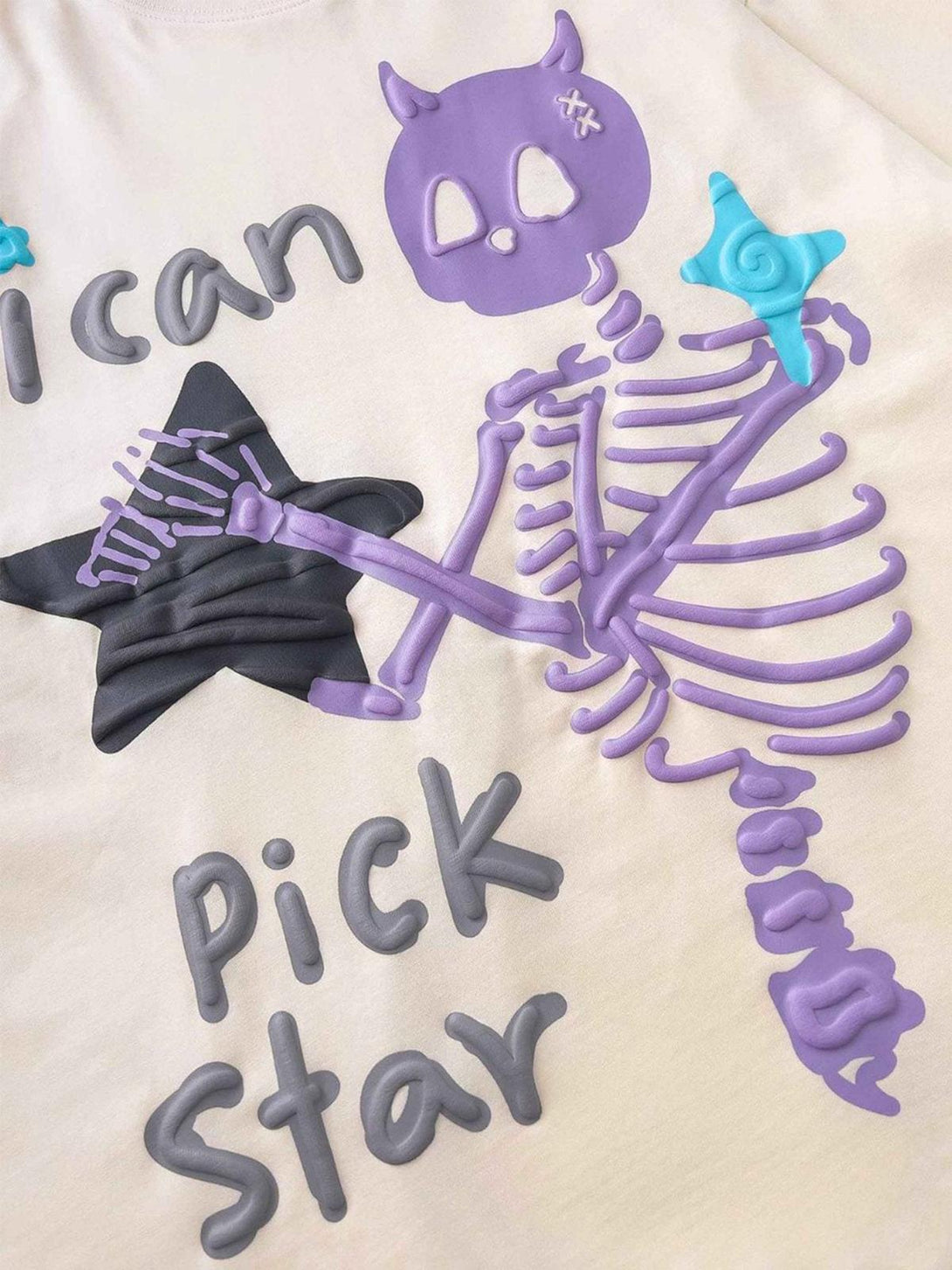 TALISHKO T-shirt featuring a playful skeleton and star design in vibrant purple and blue tones.