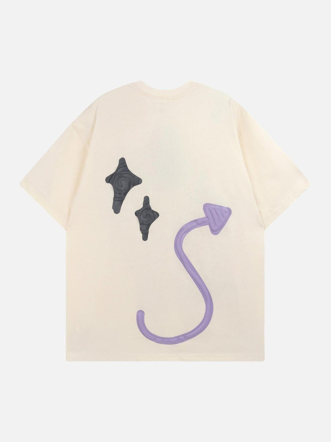 Back view of TALISHKO T-shirt featuring unique black and purple abstract graphics on a beige fabric.