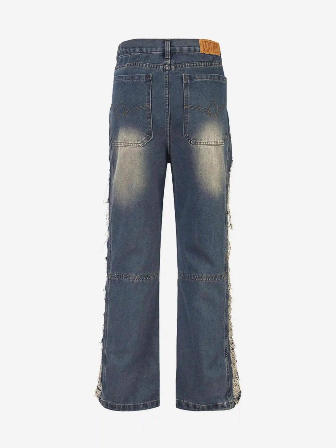 Back view of TALISHKO jeans with distinctive side fraying, enhancing the denim's stylish appeal.