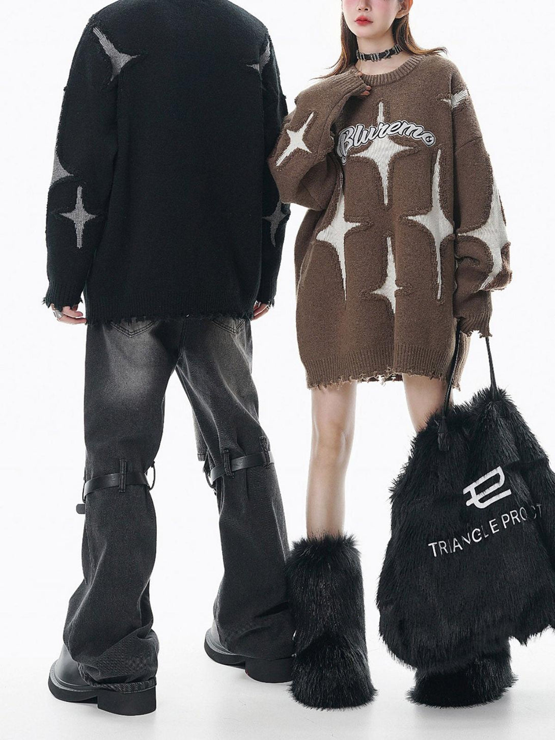 Models showcasing TALISHKO's star-patterned sweaters, styled with furry accessories.