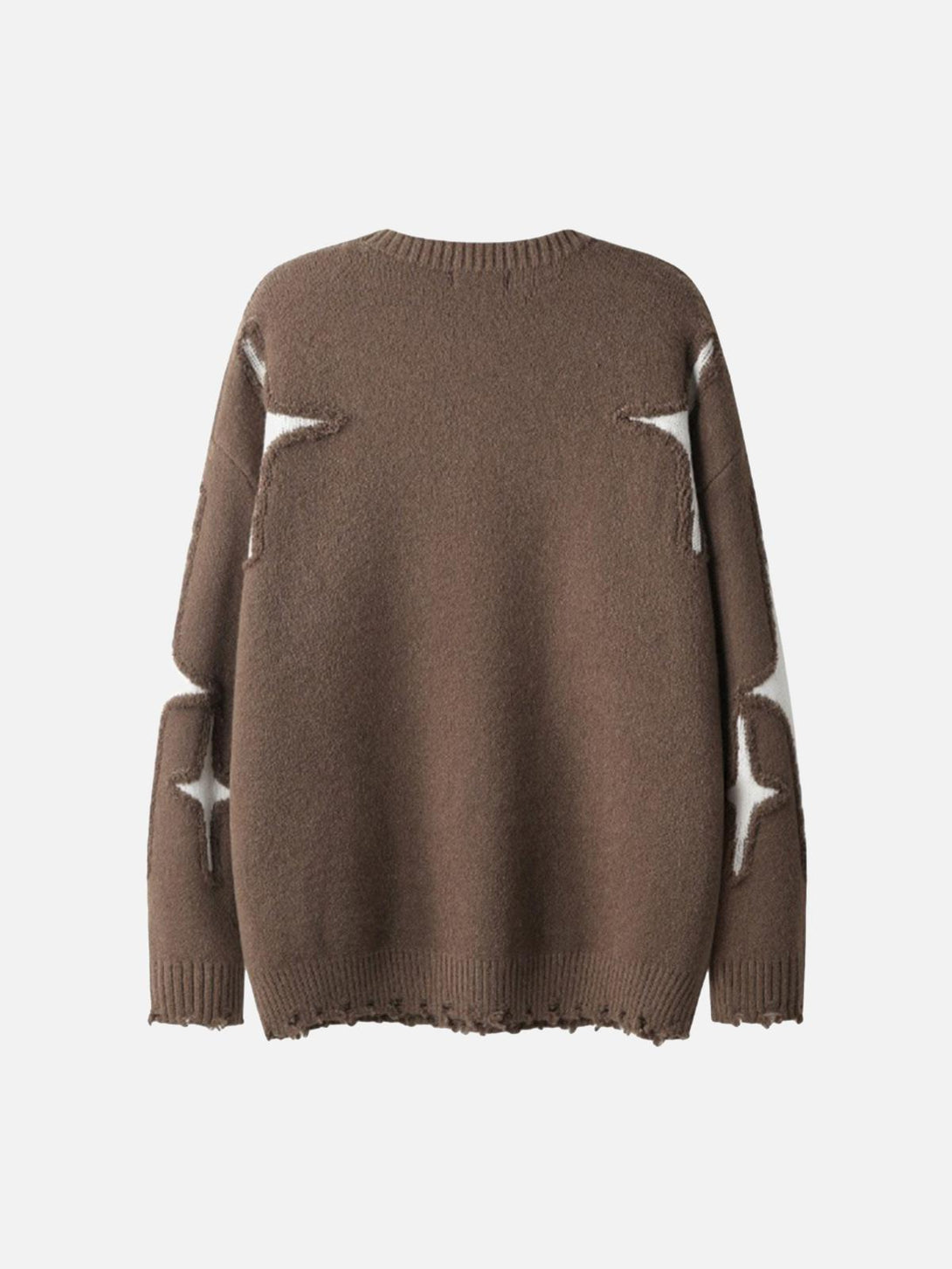 Back view of a brown sweater with star patterns and tassel details by TALISHKO.
