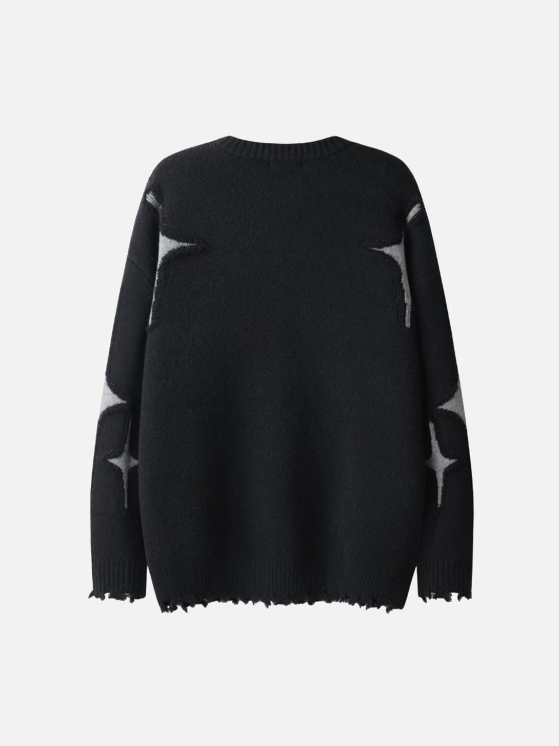 Back view of the black sweater featuring star patterns and tassel details by TALISHKO.