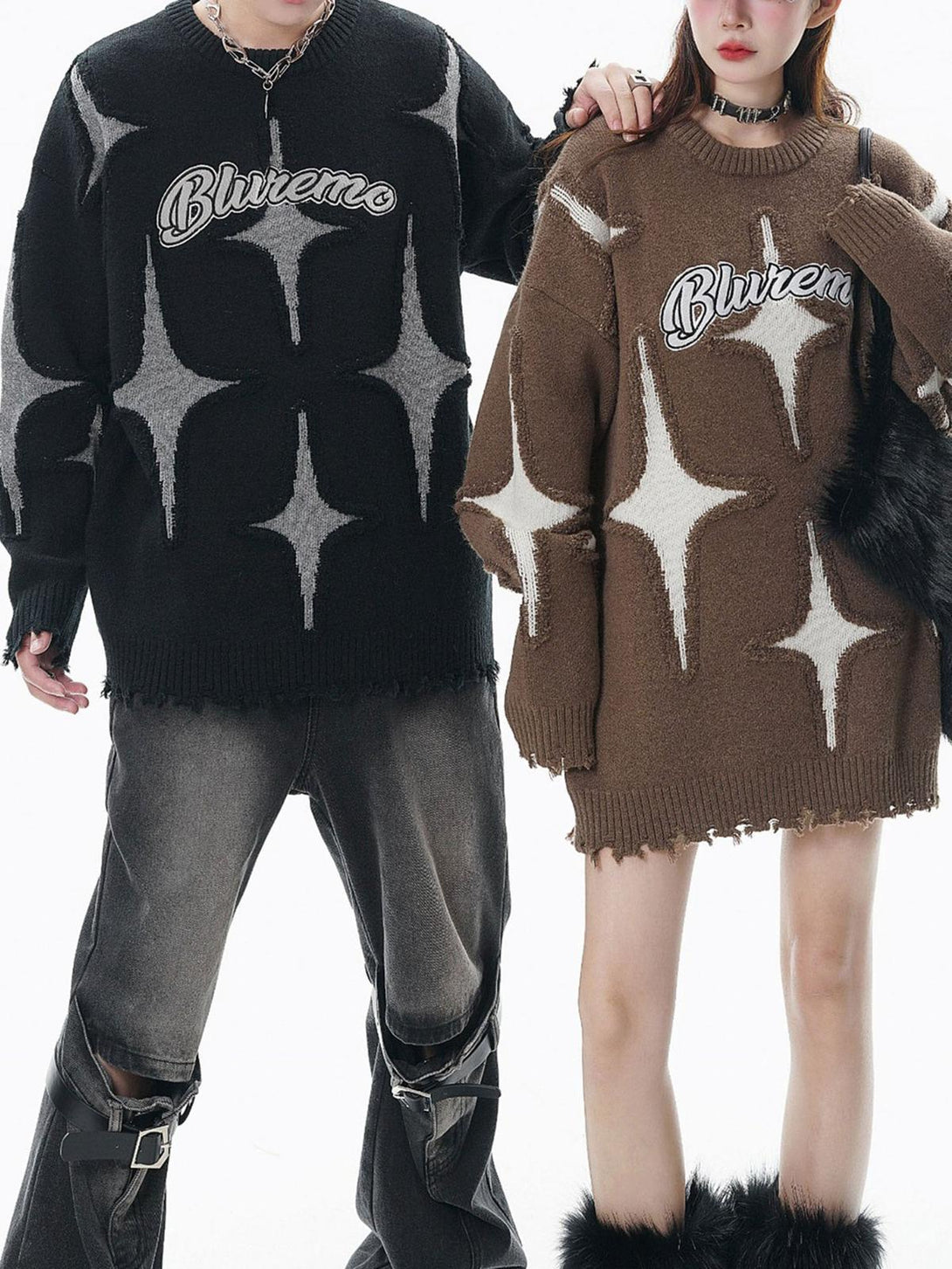 Models wearing TALISHKO's star-patterned sweaters, styled for a casual, edgy look.