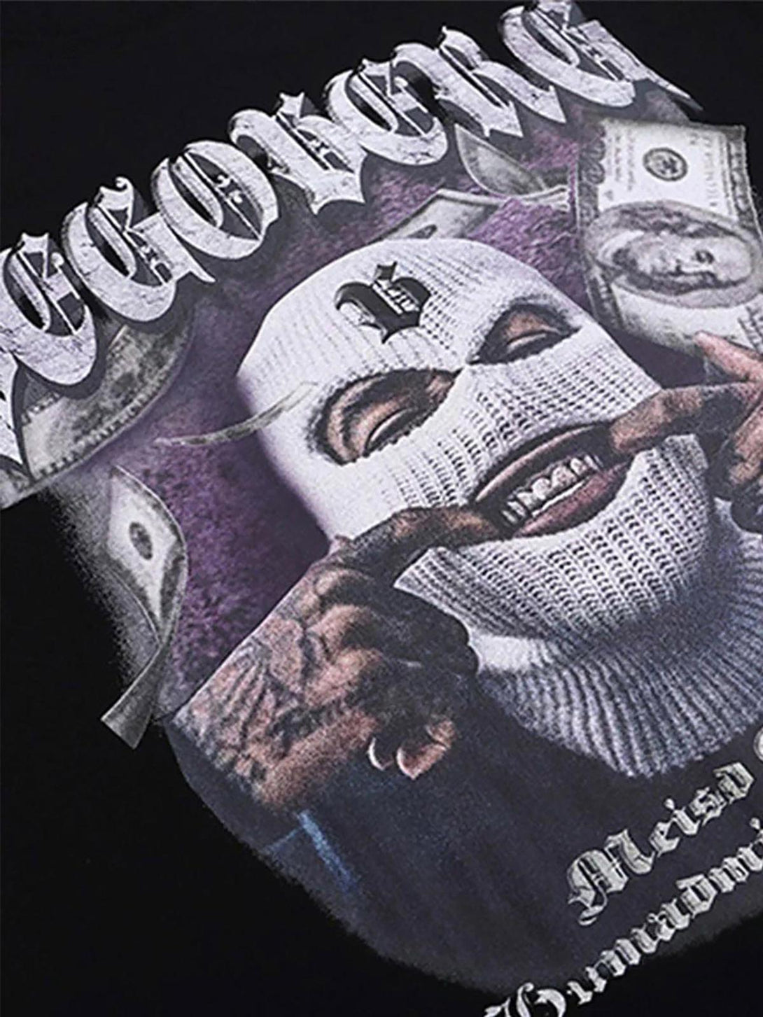 Close-up of the TALISHKO T-shirt featuring a detailed masked gangster portrait print.