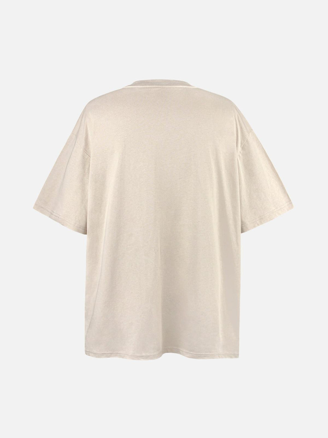 Back view of beige graphic tee by TALISHKO, showcasing a relaxed fit for casual style.