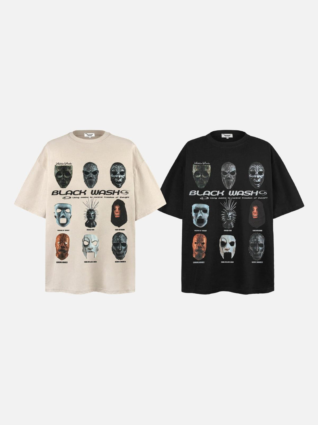 Two graphic tees by TALISHKO showcasing iconic masked faces in beige and black.