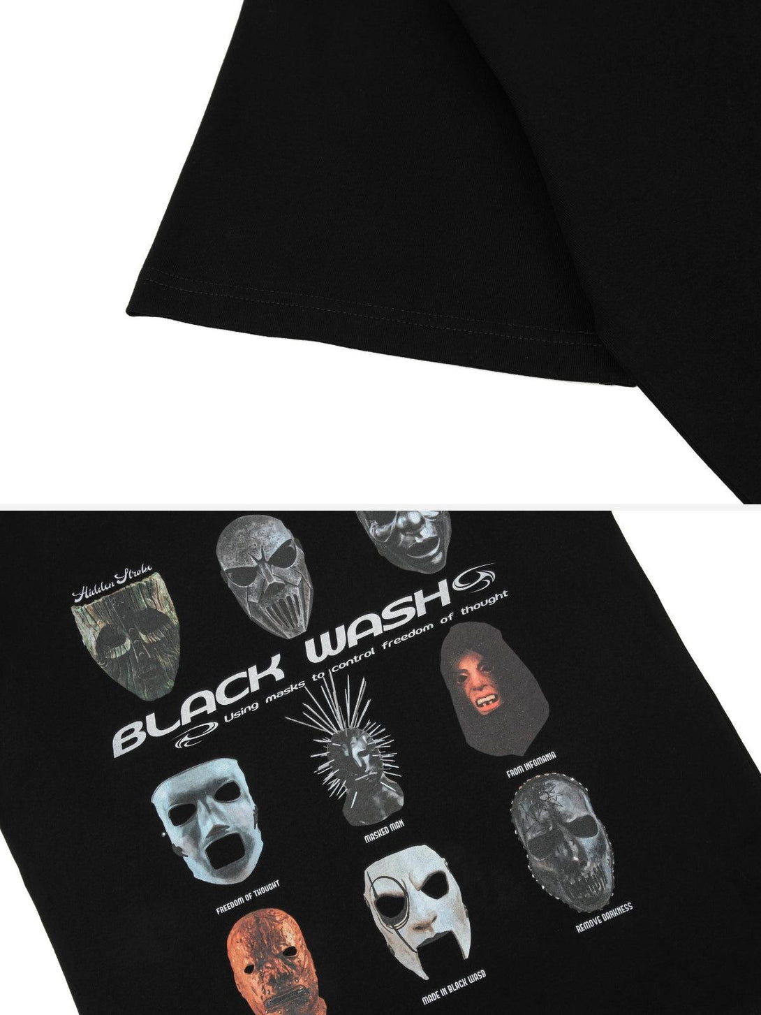 Close-up of TALISHKO graphic tee featuring iconic masks and detailed stitching on black fabric.
