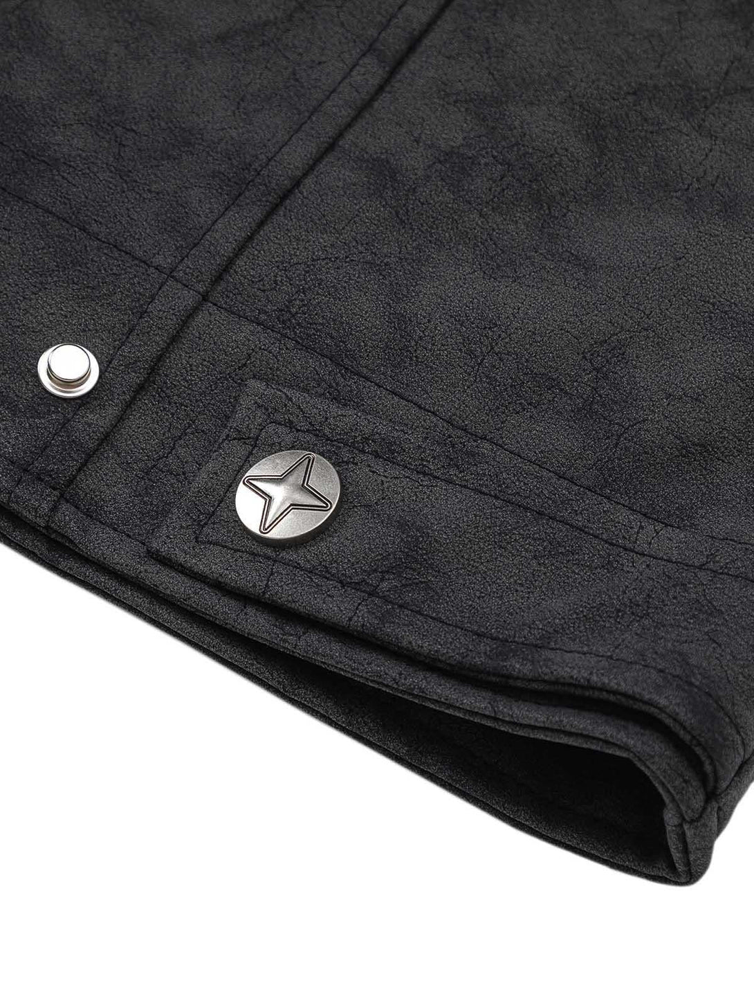 Zoomed-in view of star-button detail on matte PU moto leather jacket by TALISHKO.