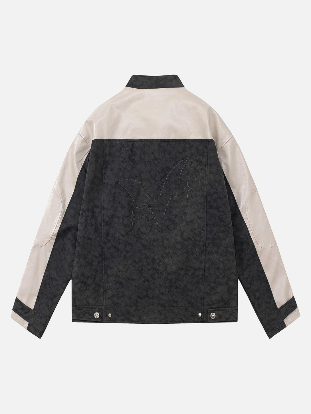 Back view of a TALISHKO matte PU moto leather jacket featuring sleek color block design.