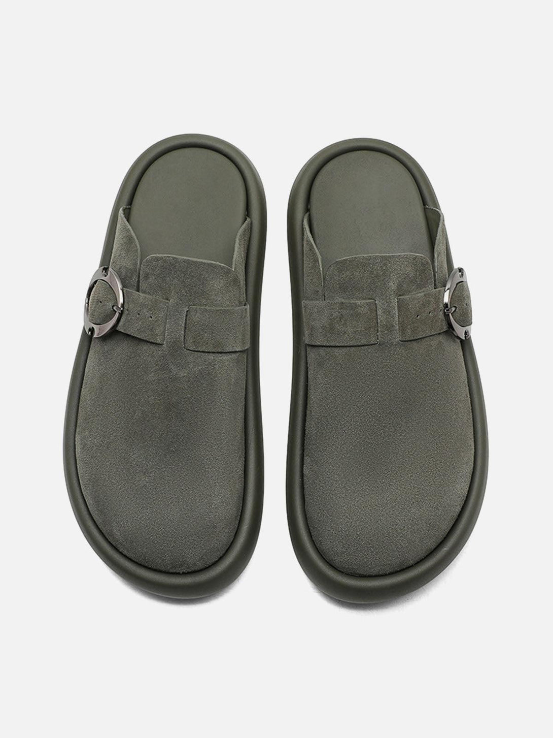 Olive suede closed-toe slip-on shoes with buckle accent, designed by TALISHKO.