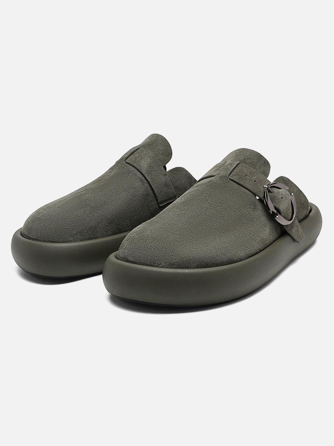 Green matte suede slip-on shoes featuring a sleek closed-toe design with buckle by TALISHKO.