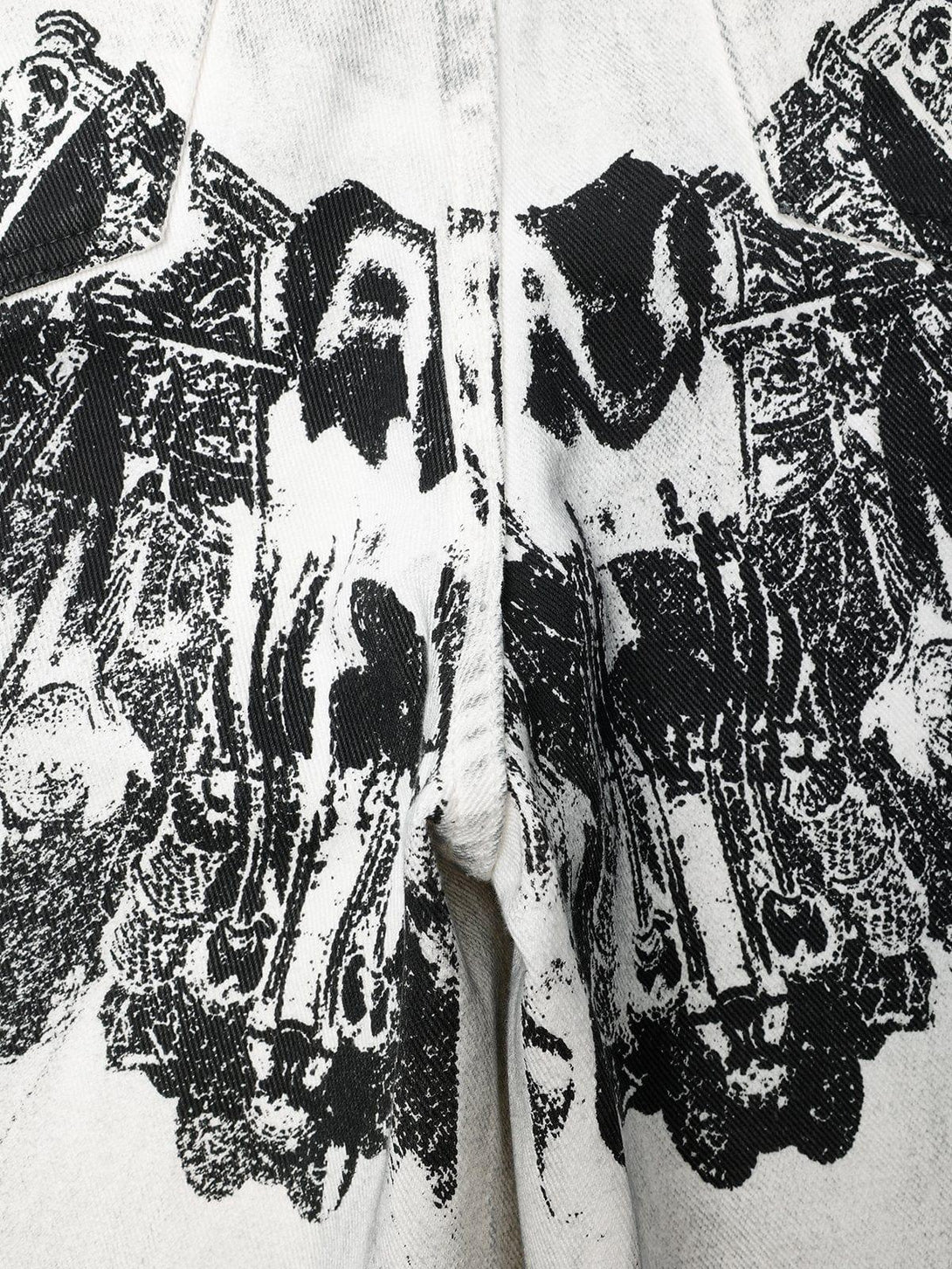 Intricate look at the bold robotic pattern on TALISHKO's Mecha Print Jeans.