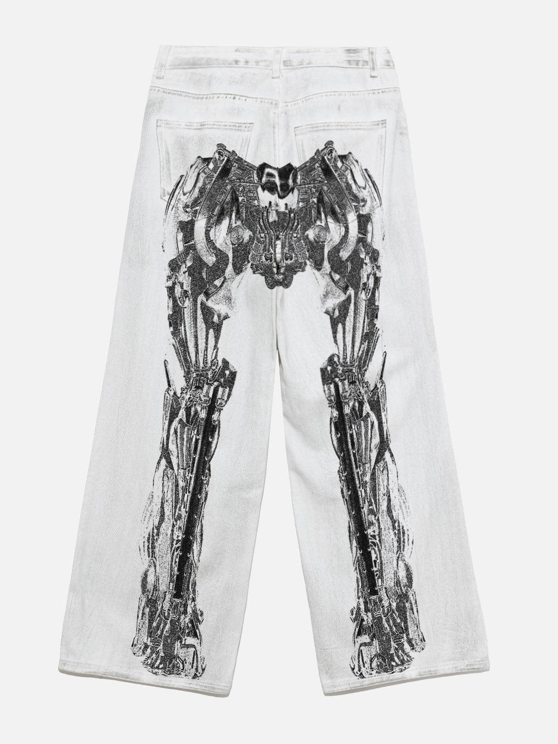 Back view of TALISHKO Mecha Print Jeans showcasing a striking robotic graphic design.