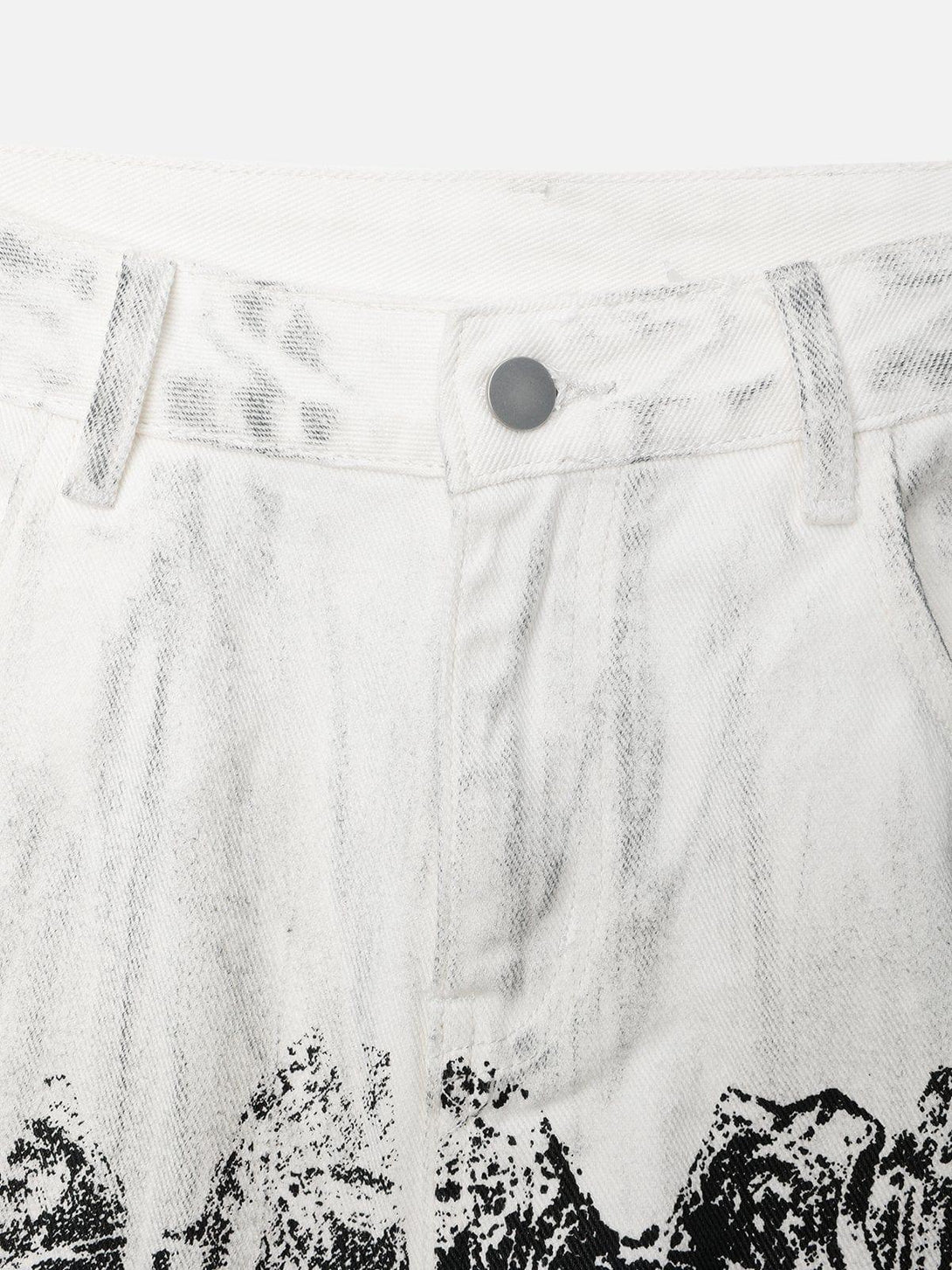 Detailed view of TALISHKO Mecha Print Jeans, focusing on unique graphic patterns.