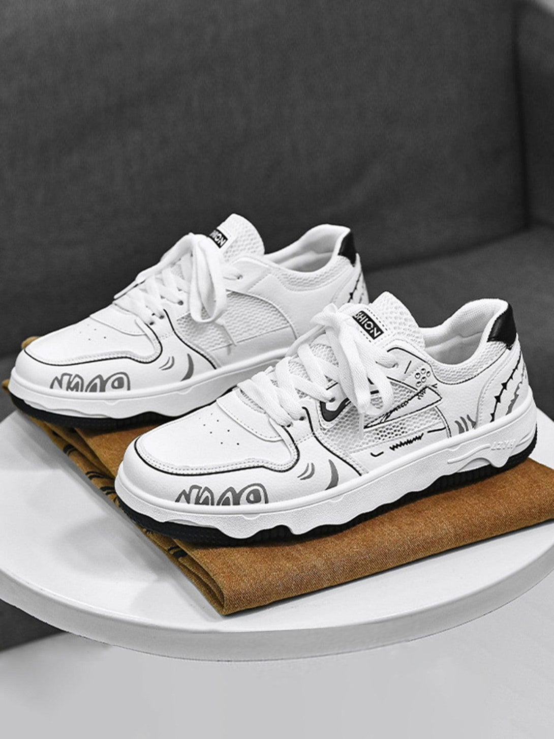 White mesh breathable board shoes by TALISHKO, featuring bold black graphic accents.