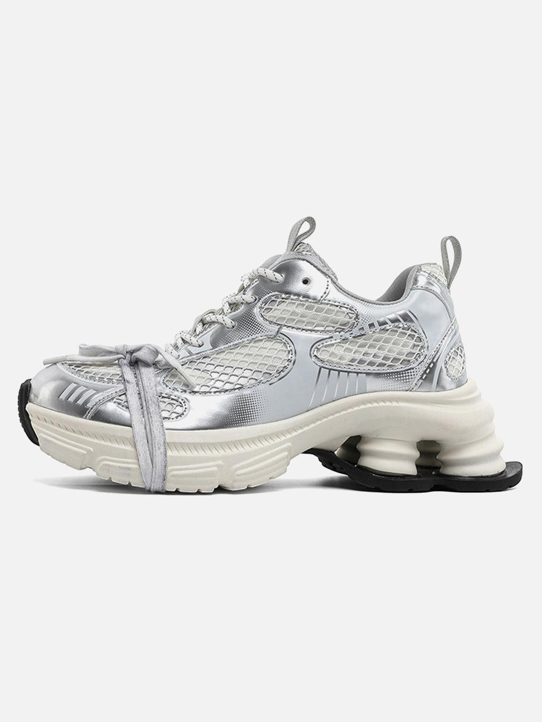 TALISHKO's silver mesh platform sneakers, side view highlighting unique sole and breathable texture.