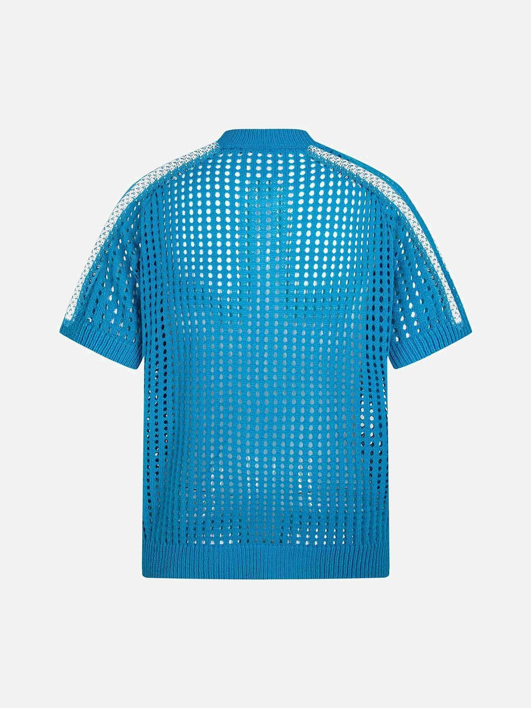 Back view of a blue mesh zip-up sports jersey short sleeve shirt by TALISHKO.