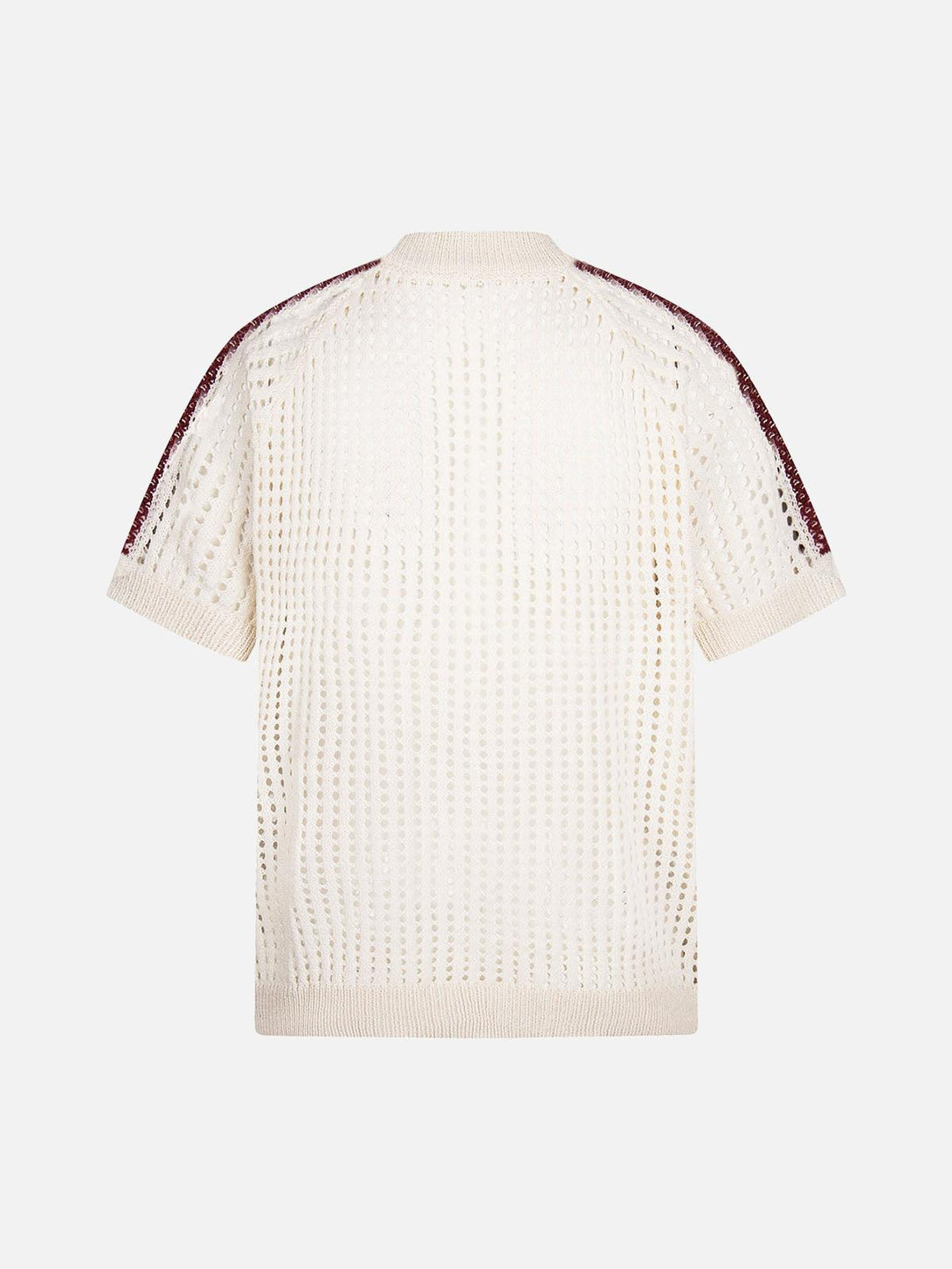 Back view of a white mesh zip-up sports jersey short sleeve by TALISHKO with maroon accents.