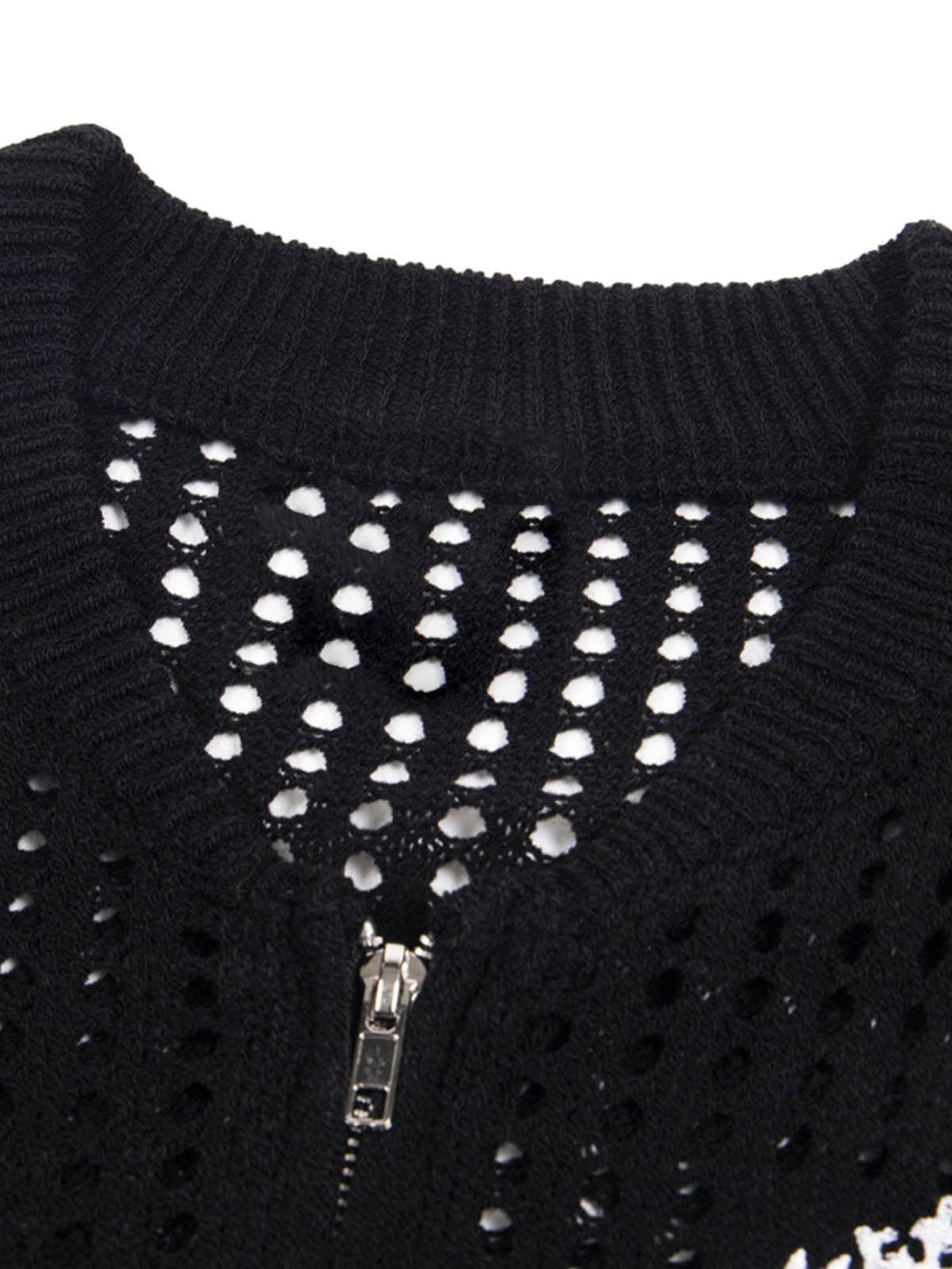 Detailed view of the black mesh knit texture and zipper detail on this TALISHKO sports jersey.